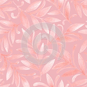 Abstract hand drawn watercolor seamless pattern of pink leaves, branches, curls, flowing lines. Floral illustration for greeting