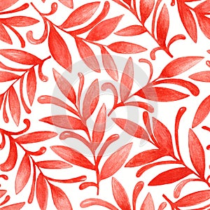 Abstract hand drawn watercolor seamless pattern of red leaves, branches, curls, flowing lines. Floral illustration for greeting