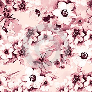 Abstract hand drawn watercolor smudge flowers floral seamless repeat print pattern background. Beautiful blossom and buds