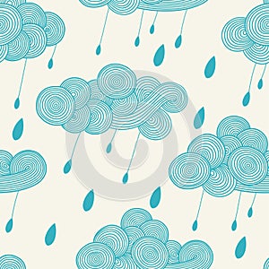 Abstract hand-drawn wavy cloud with raindrops. Vector seamless pattern