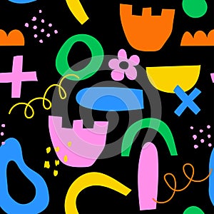 Abstract hand drawn Y2K naive seamless pattern. Vector organic colourful doodle shapes background in 70s groovy style