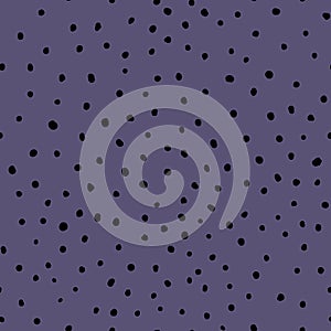 Abstract hand drown polka dots background. Purple dotted seamless pattern with black circles. Template design for