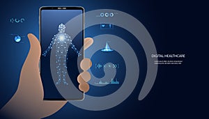 abstract hand holding a phone concept digital body Health processing using AI, health, measurement program, interface on modern