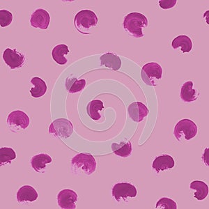 Abstract hand painted circles on pink background. Seamless pattern and texture. Acrylic and tempera painting.