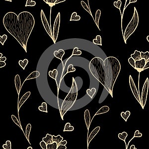 Abstract hand-painted flowers and hearts of golden color on a dark background, seamless pattern vector