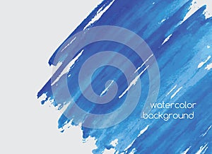 Abstract hand painted watercolor horizontal background with paint blots, scribbles, stains or smears of vivid azure blue