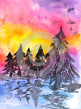Abstract hand painted watercolor landscape with winter nature. Hand drawn picture on paper. Bright artistic painting.