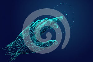 Abstract hand touching a virtual interface point representing digital interaction and command.