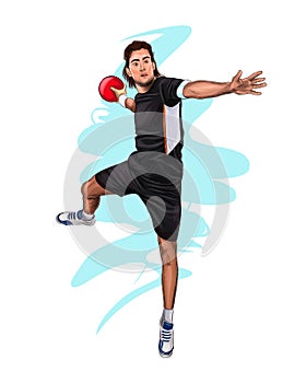 Abstract handball player jumping with the ball from splash of watercolors