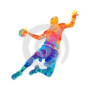 Abstract handball player jumping with the ball from splash of watercolors photo