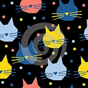 Abstract handmade cat head seamless pattern background. Childish handcrafted cat wallpaper for design card, baby nappy, menu,