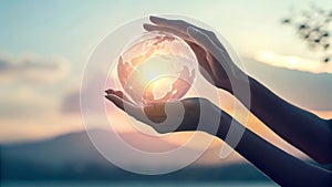 Abstract hands embracing a radiant orb of light at sunset for tranquility photo