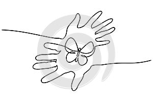 Abstract hands hold butterfly Continuous one line