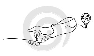 Abstract handshake and light bulb as line drawing on white