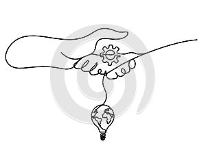 Abstract handshake and light bulb as line drawing on white