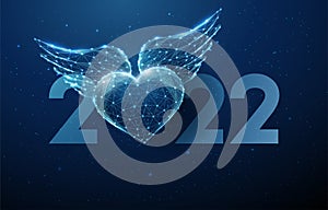 Abstract Happy 2022 New Year greeting card with flying blue heart with wings.