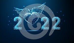 Abstract Happy 2022 New Year greeting card with flying blue heart with wings.