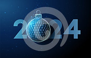 Abstract Happy 2024 New Year greeting card with Christmas ball. Low poly style design