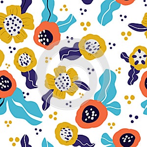 Abstract happy flowers background seamless pattern. Flower pattern, doodle style, wrapping papper ,spring, summer