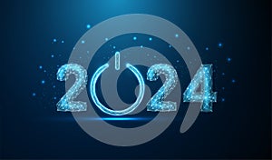 Abstract Happy New Year greeting card with number 2024 and blue power button. Business and ai concept. Low poly style.