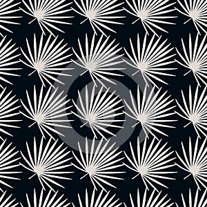 Abstract hawaii light contrast seamless pattern with hand drawn talipot leaves elements. Black background. Botanic backdrop