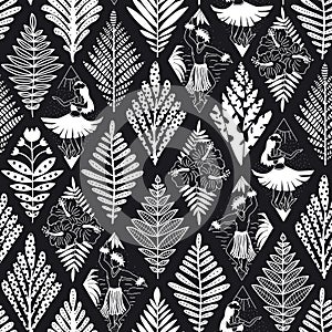 Abstract Hawaiian black and white seamless vector pattern. Hula dancers plants flowers monochrome repeating background. Hula girls