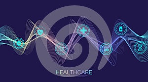 Abstract health care banner template with flat icons. Healthcare medicine concept. Medical innovation technology