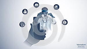 Abstract health consist doctor white mesh with stethoscope and VR Glasses and hand holding a phone digital technology concept