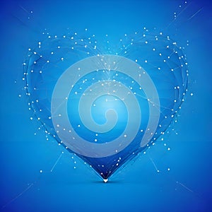 Abstract heart beat form lines and triangles, point connecting network on blue background