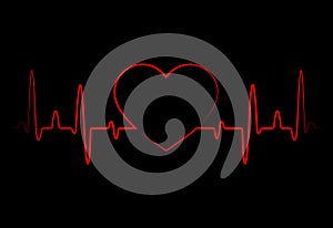 Abstract heart beats, cardiogram. Cardiology black background with red heart.Pulse of life line forming heart shape.Medical vector