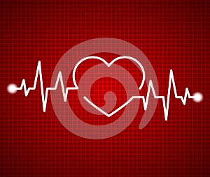 Abstract heart beats, cardiogram. Cardiology dark red background. Pulse of life line forming heart shape. Medical design over red