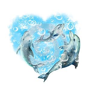 Abstract heart of a blue water with air bubbles and funny dolphins family on a white background, hand drawn watercolor