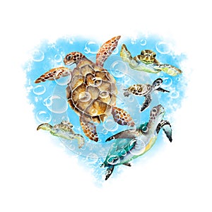 Abstract heart of a blue water with air bubbles and swimming sea turtles on a white background, watercolor drawing