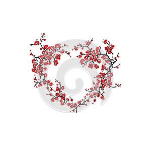 Abstract heart frame of cherry branch blossom isolated on white background. Sakura blooming - cherry tree japanese
