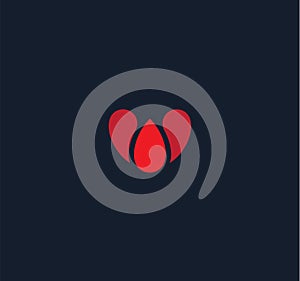 Abstract heart style vector logo concept. Red blood drop isolated icon on black background. Blood transfusion silhouette