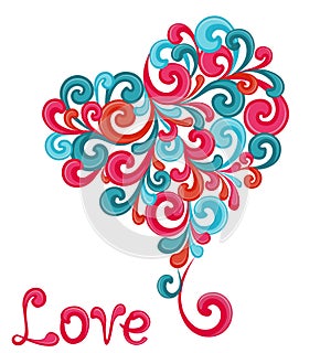 Abstract heart with green, red, blue, orange swirls isolated on white background. Heart shaped ornament with decorative branches