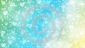 Abstract Hearts, Bokeh and Bubbles in Pastel Green, Blue and Yellow Gradient Background