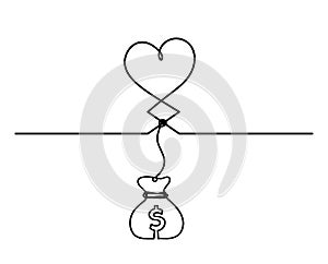 Abstract hearts with dollar as continuous line drawing on white