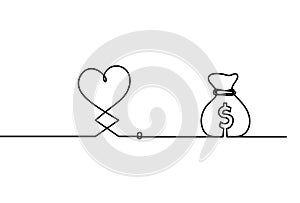 Abstract hearts with dollar as continuous line drawing on white