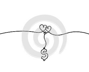 Abstract hearts with dollar as continuous line drawing on white