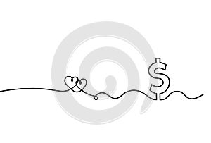 Abstract hearts with dollar as continuous line drawing on white