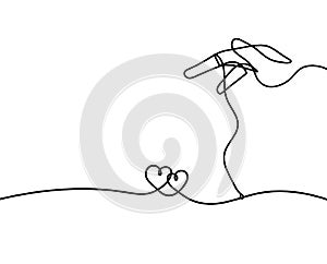 Abstract hearts with hand as continuous line drawing on white