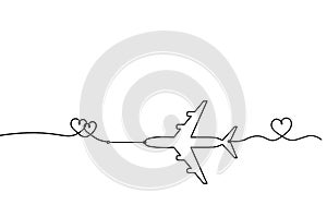 Abstract hearts with plane as continuous line drawing on white