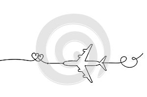 Abstract hearts with plane as continuous line drawing on white