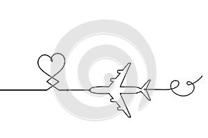 Abstract hearts with plane as continuous line drawing on white