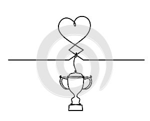 Abstract hearts with trophy as continuous line drawing on white