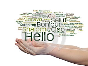 Abstract hello or greeting international word cloud on hands in different languages or multilingual