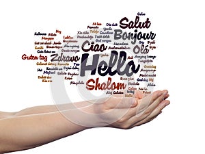 Abstract hello or greeting international word cloud on hands in different languages or multilingual