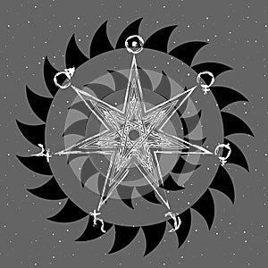 Abstract heptagram and seven planets in double thorned black circle