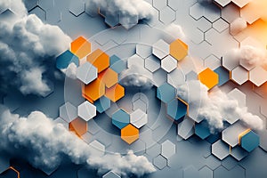 Abstract Hexagon Cloud Computing Background Orange, Blue, White 3D Render